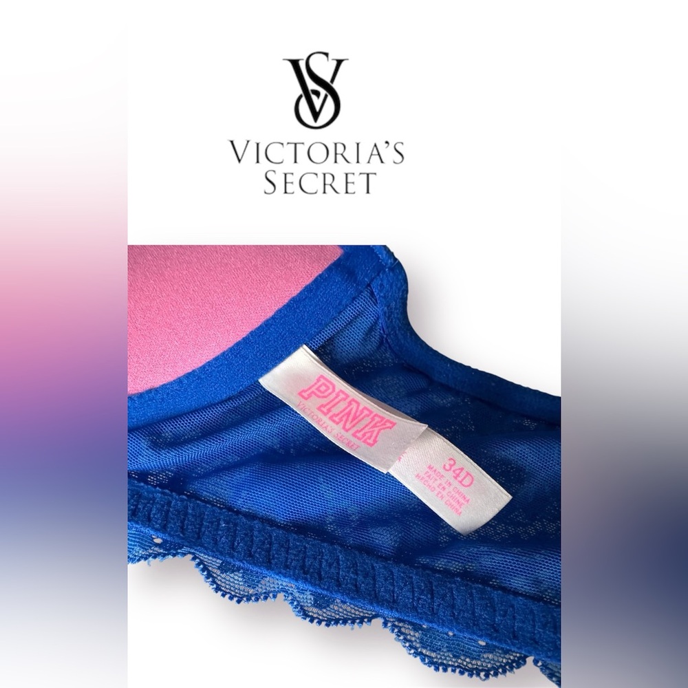 🛍️SALE🛍️PINK Victoria's Secret Royal Blue Lace Push-up Bra with Racerback Straps - Picture 7 of 9